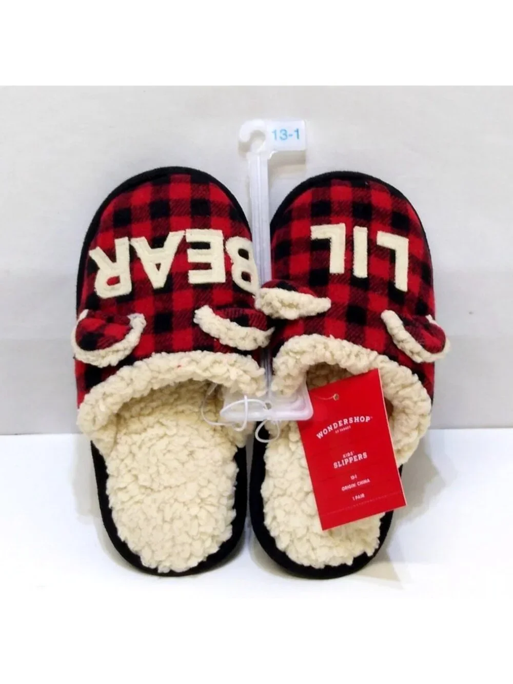 Wondershop Kids Lil Bear Slippers Size 13-1 Red & Black Plaid Faux Fur Lining